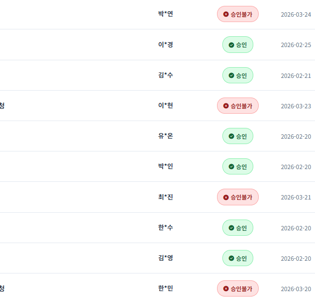 신청 게시판 - 승인불가 표시